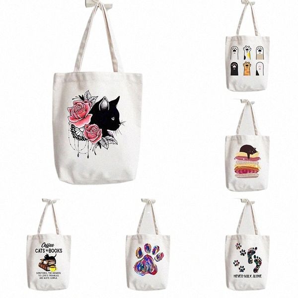 Libri per gatti Coffee Love Stampa Shopper Borse spalla fi tela casual Shop ragazze donne tote bag grafica V298#