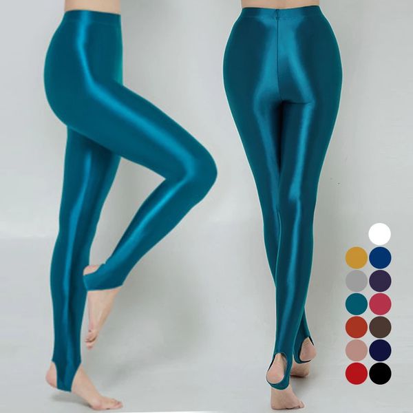 Mulheres Óleo de cetim brilhante calça de meia -calça de meia -calça molhada de meias sexy de calças de ioga com calças de ginástica de ginástica esportiva de ginástica