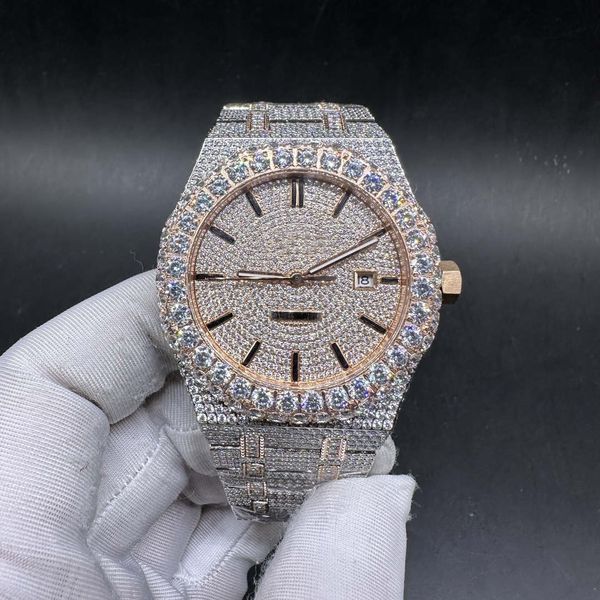 Full CZ Diamonds Watch Rose Gold 2Tone Hülle 42 mm große Steine Lünette Schwarze Dash Zahlen Männer automatische glänzende Uhren