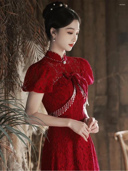 Abbigliamento etnico sexy borgogna in pizzo lady senza schienale qipao abito da sposa cinese sposa nake vestidos de festa Cheongsam Celebrity Banquet