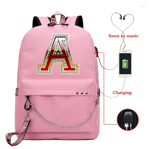 Backpack Fashion Ladies College Girl Travel Kawaii Schultasche Laptop Dudelsack Diamant 26 Alphabet Print Student Student Books Taschen Trendy Trendy