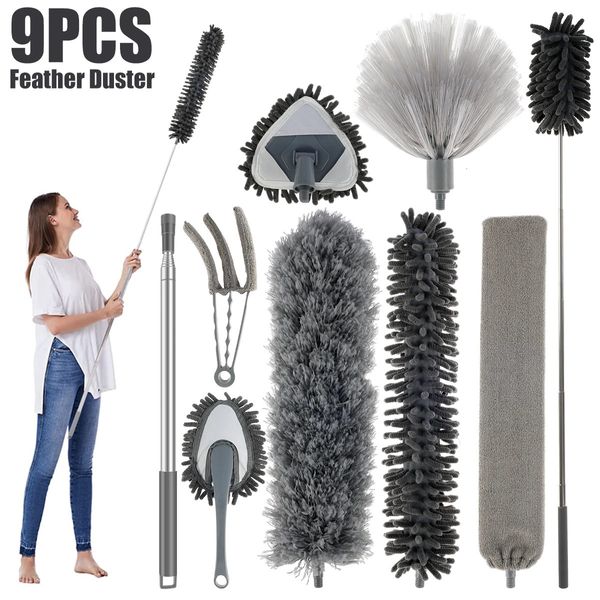 9pcs Microfiber Peather Duster rush rush Extendeble Telecoping Pole Gustable Chenille Dusters стиральные инструменты для очистки домохозяйств 240415