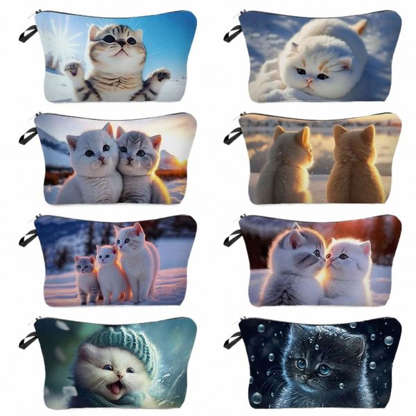 Симпатичная и шикарная снежная кошачья макияж с снежным котом с складной женской косметической сумкой для пляжей Пляж Организатор.
