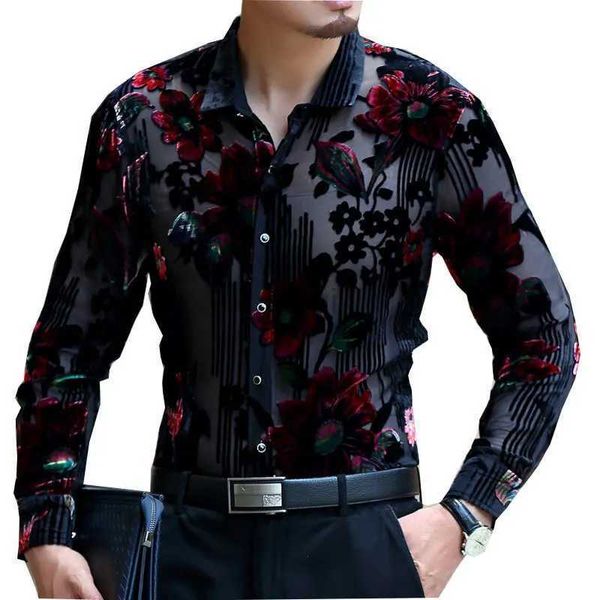 Herren lässige Hemden Frolal Velvet Hochzeit Ehe 2019 Chemise Homme 4xl Lace Shirt Club Party Abschlussball Sexy männliche Luxus Männer transparent 24416