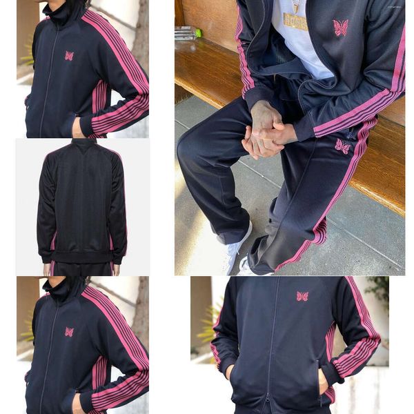 Yeni Erkek Ceketler İğneleri İzleme Fermuarı Ceket Kelebek Nakış Pembe Şerit Çizgili Klasik Awge High Street Japonya Tarzı Katlar Kelebek Ceket 83