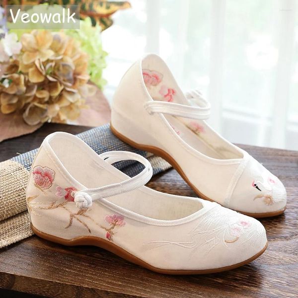 Sapatos casuais veowalk feminino algodão tecido bordado apartamentos de balé retro mary jane andando confortável branco azul vermelho