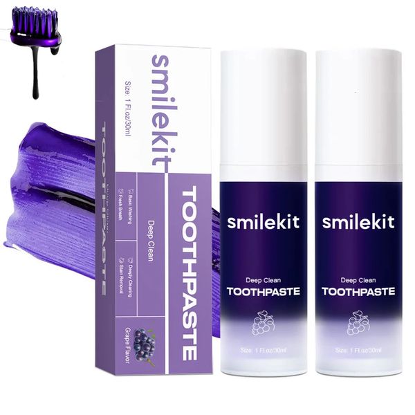 Smilekit dentes clareador pasta de dente roxa sabor dental poderoso removedor de manchas de branqueamento iluminador de respiração fresca 240416