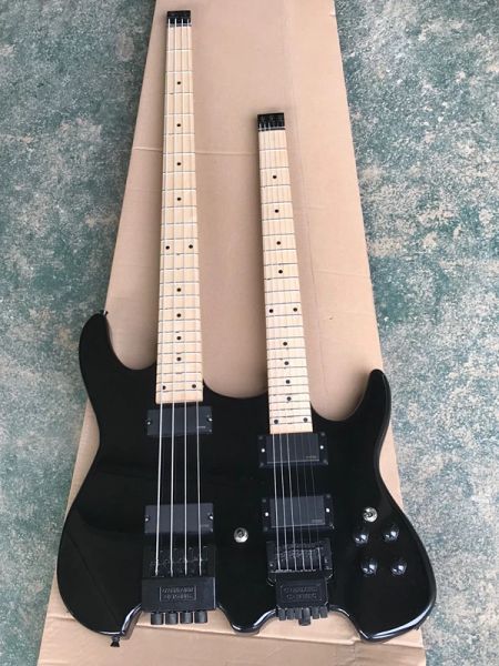 Guitarra dupla pescoço preto guitarra elétrica com hardware preto, braço de bordo, ofereça personalizado