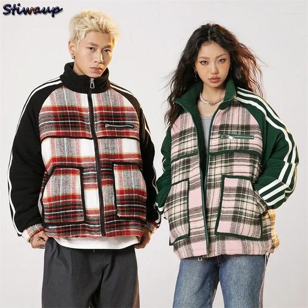 Damengrabenmäntel Winter Kurzdown -Jacken für Frauen 2024 Vintage Plaid Parka Paar Matching Jacket Stickmänner Mantel Mantel