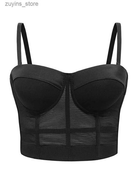 Tanques femininos Camis Mesh Push Up Bralet Womens Corset Bustier Bra Night Club Party Long Sexy Crop Top Colet Plus Size Tampo Tampo Mulheres Branca Corset 240229 L49