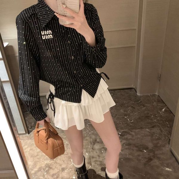 Mi24 primavera/verão novo estilo fofo lençol completo hot diamante decoração bainha gravata longa manga longa camisa versátil curta