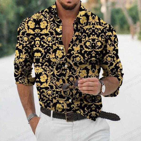 Herren lässige Hemden Golden Hawaii Herren Fashion Shirt Luxus Blumenblumen Langarm Strandbluse Europäische Camisas -Kleidungskette 240416