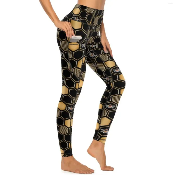 Damen -Leggings Bienen Druck Yogahosen sexy Wabe geometrische kundenspezifische hohe Taille Leggins weibliche süße dehnbare Sportstrumpfhosen