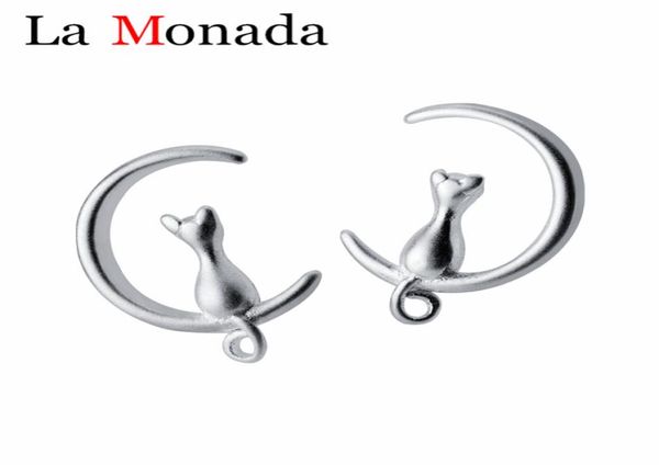 New Fashion 100 925 Sterling Silver Small Cute Animal Moon Cat Brincos Mulheres Garotas Crianças Jóias de ouvido Presente3890959