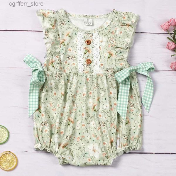 ROMPERS Summer Bubble Strampler Babi Girls Kleidung Blumendruckbodysuit Green Bow Outfit ein Stück Neugeborene Shorts 0-3T Overall L410