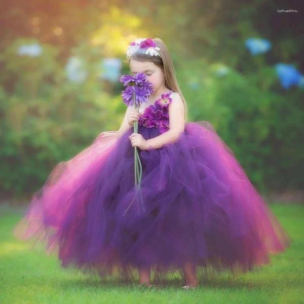 Vestidos de menina meninas pétalas roxas fada tutu vestido crianças vestido de bola de flor de flor com figurilha de festas de aniversário do conjunto de cabeceira