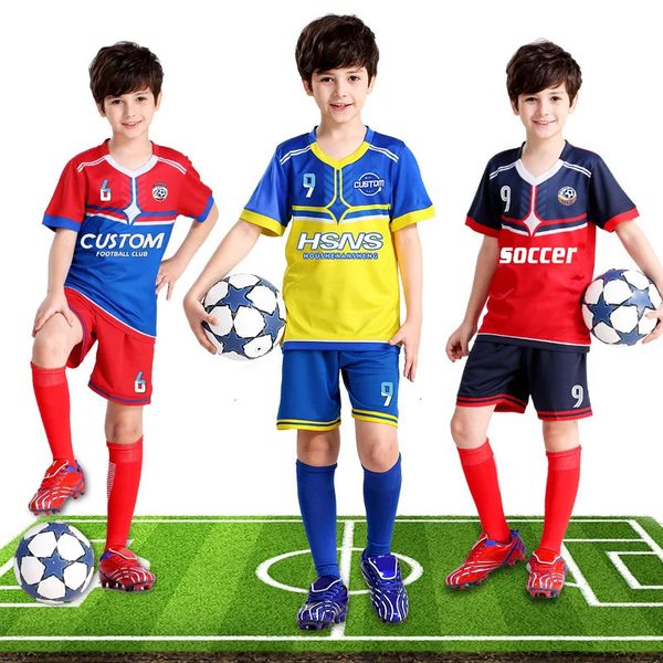 Пользовательская печать мальчиков футбольные тренировки Джерси Детские футбольные рубашки Полиэстер летняя футбольная одежда униформа для детей Y301 240416