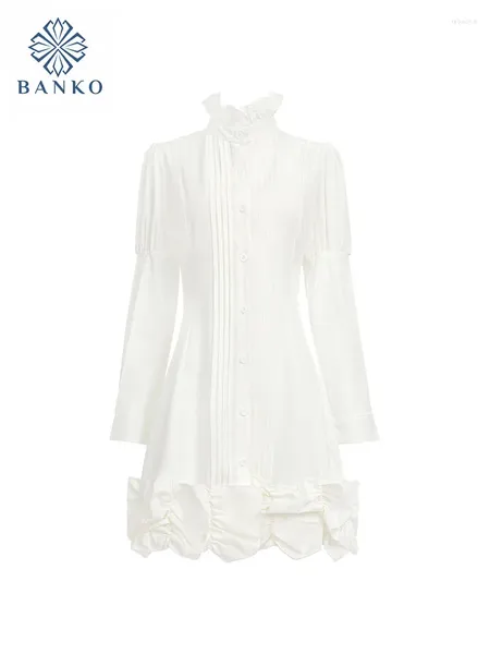 Lässige Kleider Design Elegant weißes Hemdkleid Laternenhülle Frauen Single Breasted einteilige Kleiderbüro Büro Dame Ruffen Robe Mori Girl