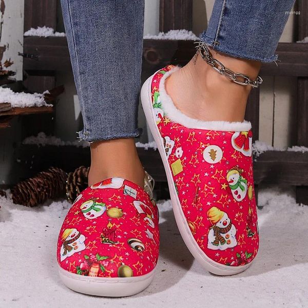 Slippers natal algodão vermelho para mulheres sapatos de desenho animado fofos calor e neve interno de inverno