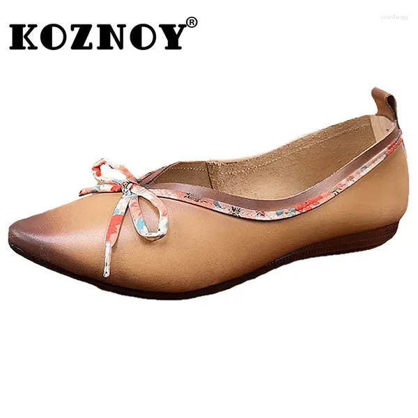 Sapatos casuais Koznoy 1,5cm Mulheres naturais de couro genuíno oxfords mocassins pontiagudos escorregadia no verão rasos Mary Jane confortável