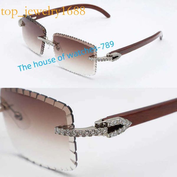 Set di moissanite Occhiali da sole in legno senza bordo uomo grandi pietre originali bicchieri di legno Designer quadrato Diamond taglio lente lentes de soljer hot hot