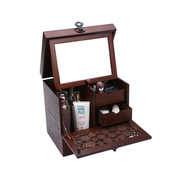 Tragbarer Vintage -Holz -Make -up -Aufbewahrungsbox -Zughülle Kosmetischer Organizer Caddy -Tasche Spiegelschublade 240416