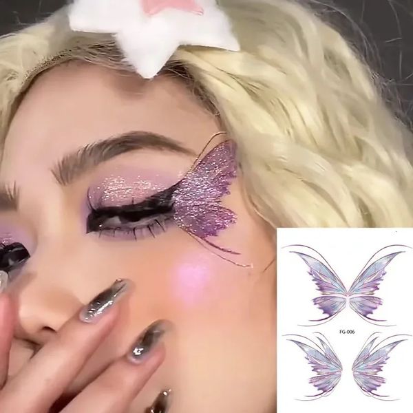 Ali fata a farfalla brillante tatuaggio adesivo impermeabile e occhi facce body arte fake makeup dance music festival 240408