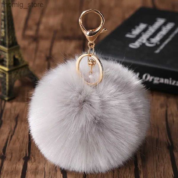 Plüschschlüsselkainer 8cm Pom Fake Fell Brandbeutel Keychain Pompom Car Keyring Gold Farbketten Pompons gefälschter Fuchs Kaninchenfell -Charm Schmuck Juwely Y240415