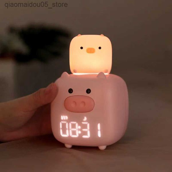 Lâmpadas Sombras porco Night Night Light USB Charging Silicone Night Light Intelligent Alary Student LED Digital Alarm Clock Q240416
