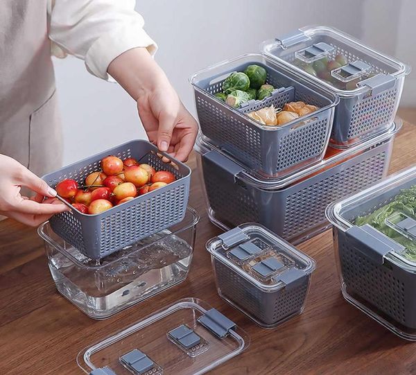 Caixa de armazenamento de plástico de cozinha Caixa de fabricação de refrigerador de refrigerador de frutas vegetais de drenagem de cozinha de cozinha