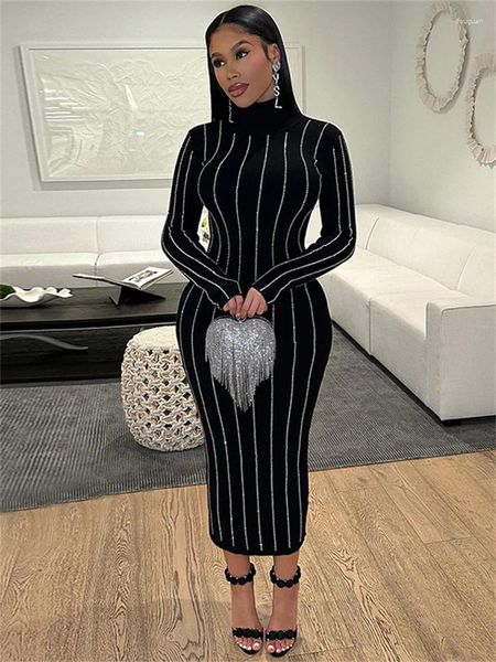 Abiti casual Wjfzqm Turtleneck Diamonds manica lunga Brack Sexy Bodycon Abito Midi Women Evening Party Club Y2K Vestidos Elegantes vestiti