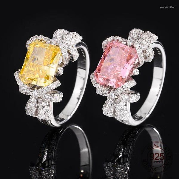 Ringos de cluster Design de bowknot 925 prata esterlina 8x10mm forma de retângulo amarelo flor rosa corte alto carbono diamante zircão mulheres anel de senhora anel