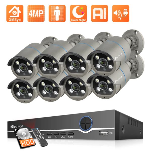 System Techage 8CH 4MP Poe Security Surveillance System System System Kit AI Detecção de Face Audio Câmera IP H.265 CCTV Video NVR Conjunto