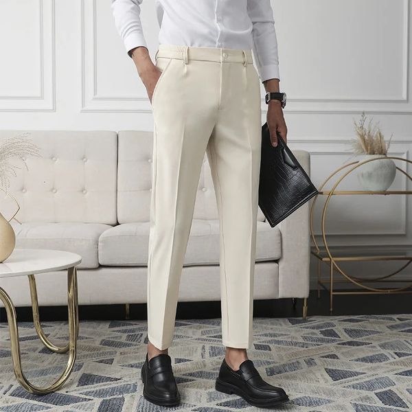 Мужские неайрон тканевые брюки Slim Black Black Apricot темно -серый повседневной костюм мужской бизнес маленькие ноги штаны 240415