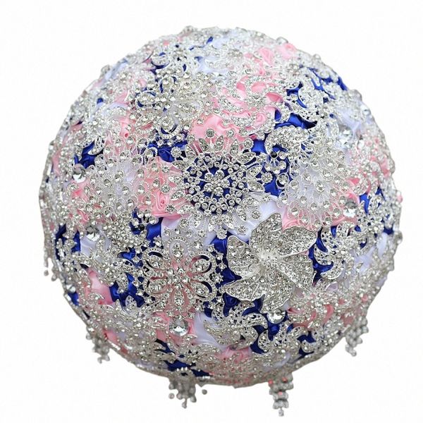 Janevini Luxus mit Volldiamd Royal Blue Blue Pink FRS Bridal Blumensträuße mit sigerer Schmuck Künstliche Satinrosen Hochzeitsstrauß 94ys#