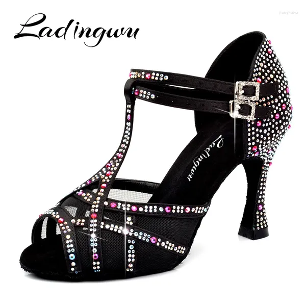 Sapatos de dança Ladingwu Women Ballroom Salsa Party Latin Latin Big Small Rhinestone Shining Black Satin Cuba Heel 9cm