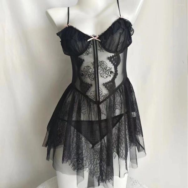 Abbigliamento da donna in pigiama sexy per donne 2024 autunno/inverno in pizzo mesh puro desiderio piccolo cingola abito notturno di lingerie carina