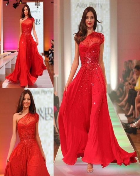 Red One Schulter -Prom -Kleider 2019 Pailletten eine Linie Chiffon bodenlange Kurzarm Rückenfreie sexy formelle Promi -Abendparty G7281949