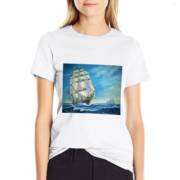 Frauen Polos Clipper Schiff Ozean Acrylmalerei T-Shirt Dame Kleidung Sommer für Frau