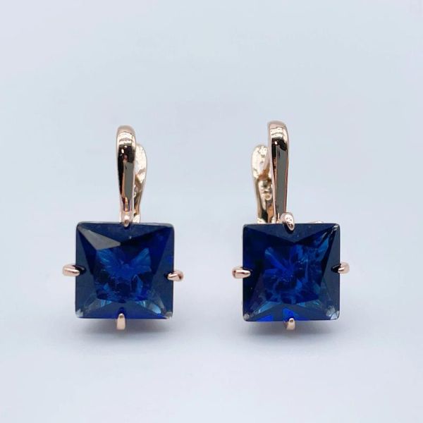 Orecchini dangle classici Donne 585 Rose Gold Color Big Square Royal Blue Natural Zircon Drop Drop Wedding Fashion Jewelry