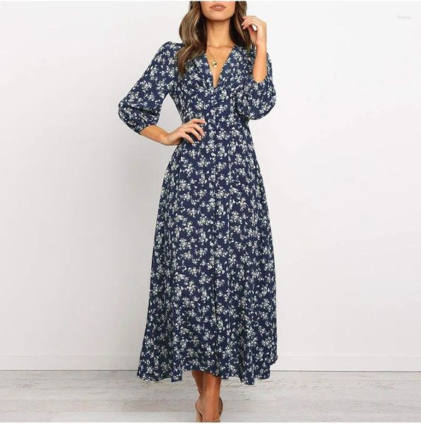 Lässige Kleider Frauen Sommer Bohemian Langes Kleid Retro Floral Print V-Ausschnitt 3/4 Ärmeln Button Down High Taille Sundress Beach Party Streetwear Streetwear