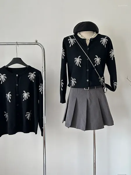 Женские трикотаж корейская мода O-образная кардиганы заводили блестки Sparkly Одиночный уютный свитер Осень зимний верхняя одежда черная готика