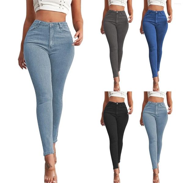 Jeans femininos Mulheres Slim Button High Waist Calça Sexy Ponta de lápis para esportes