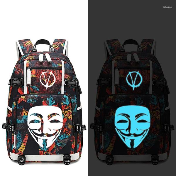 Rucksack V für Vendetta USB Port Rucksack -Tasche Schlangenmuster Teenager Schüler Schultaschen Fahrt Schulter Laptop Luminous