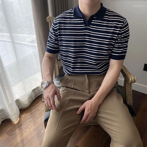 Polos maschile Summer Striped Knitting Polo Shirt Men Short Maniche Tops di alta qualità Slim Fit Slip Business Streetwear A13 A13
