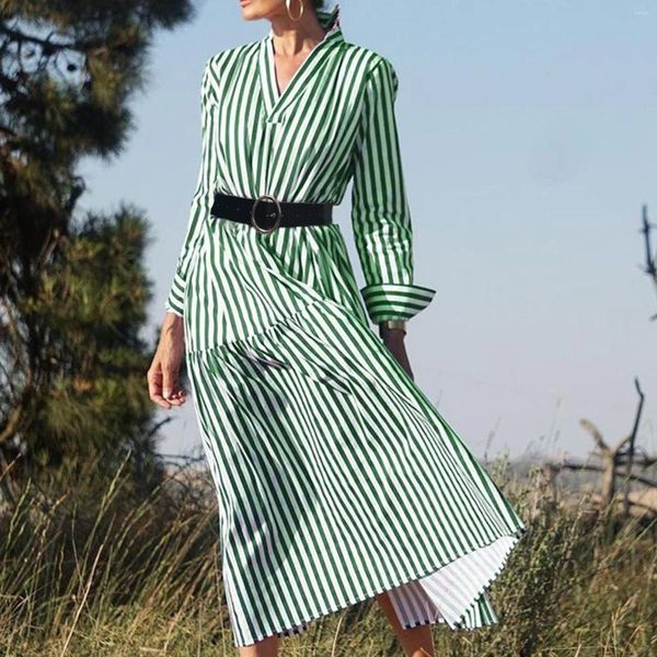 Lässige Kleider grün gestreiftes Langhemd für Frauen elegantes Gürnehocher Tunika -Büro Damen Kleiderhülse Urlaub