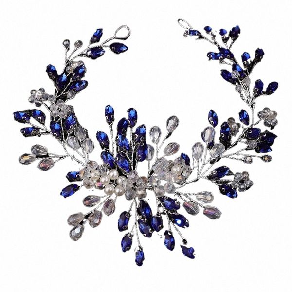 Bandeira da cabeça do rmocinho roxo para capacete de casamento artesanal de pérolas de cristal de jóias de jóias de jóias de cabelo azul tiara v48d#