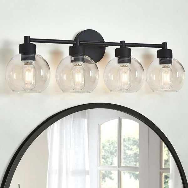 Moderna lampada a vanità nera opaca con sfumature di vetro a 5 globi - bagno elegante, scale o soluzione di illuminazione da cucina con base metallica