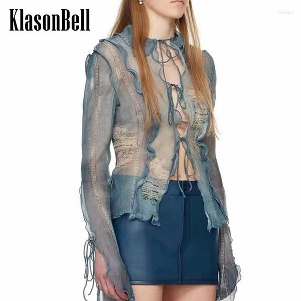 Frauenblusen 3.30 Klasonbell Mode sexy schiere Mesh Schnürbluse Frauen Destressed Print Spleiß Langarm Dehnbar Slim Hemd