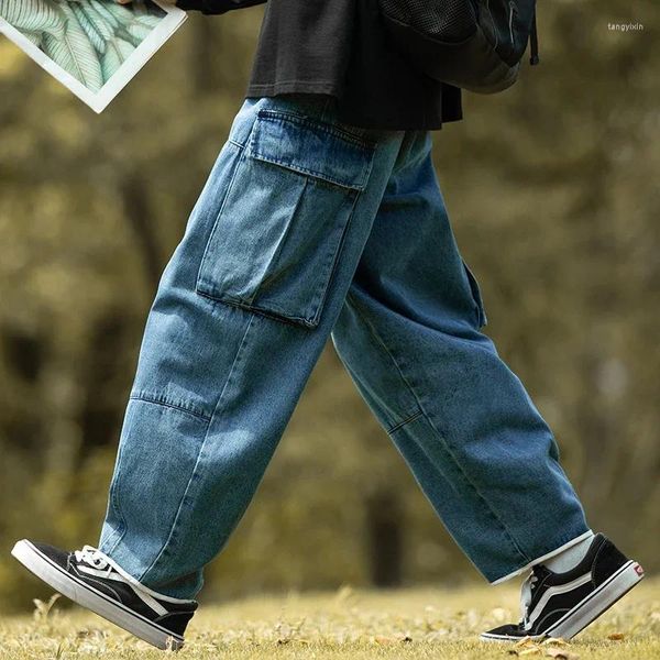 Jeans masculinos Cargo folgado calças de bolso grandes calças de jeans machos de pernas largas calça feminina de rua casual hip hop harajuku superdimensionado